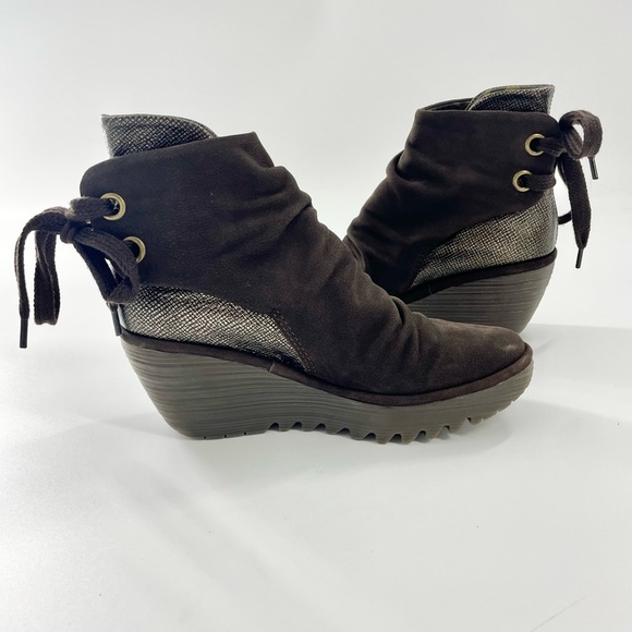 Fly London Shoes - FLY LONDON Women's Yama Wedge Ankle Booties Brown Size 37